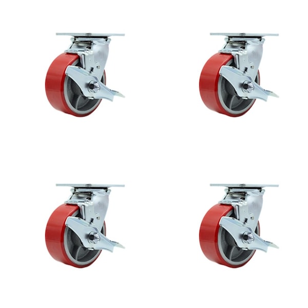 Tool Box Caster Wheel Set 5'' Red Poly on Cast Iron Swivel Casters, 4PK